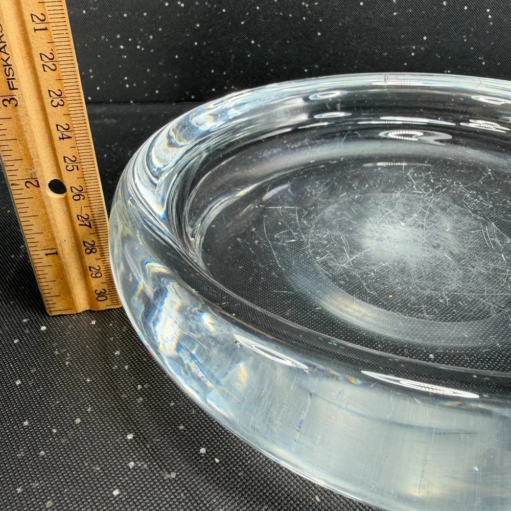 Vintage 1960s Sweden Art Glass Ashtray 8 Inch Heavy Clear Crystal MCM Round